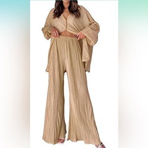 Metallic Gold Khaki 2 Pc Pleated Plisse Pant Suit Button Up Shirt Loose Fitting